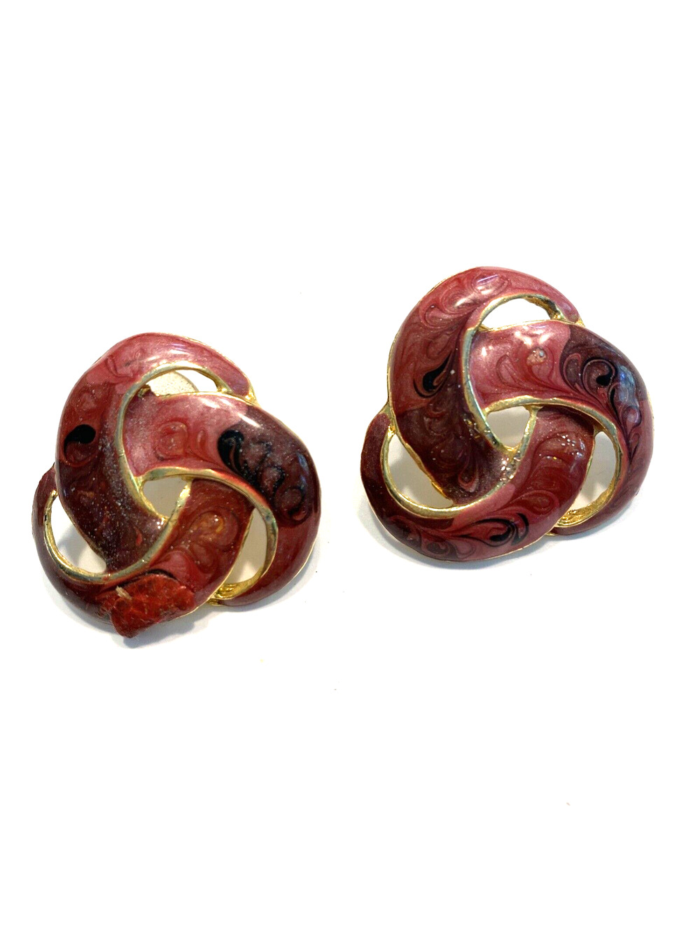 Vintage 1980’s Pierced Earrings Chunky Boss Lady Swirl Enamel Goldtone Pink Rose